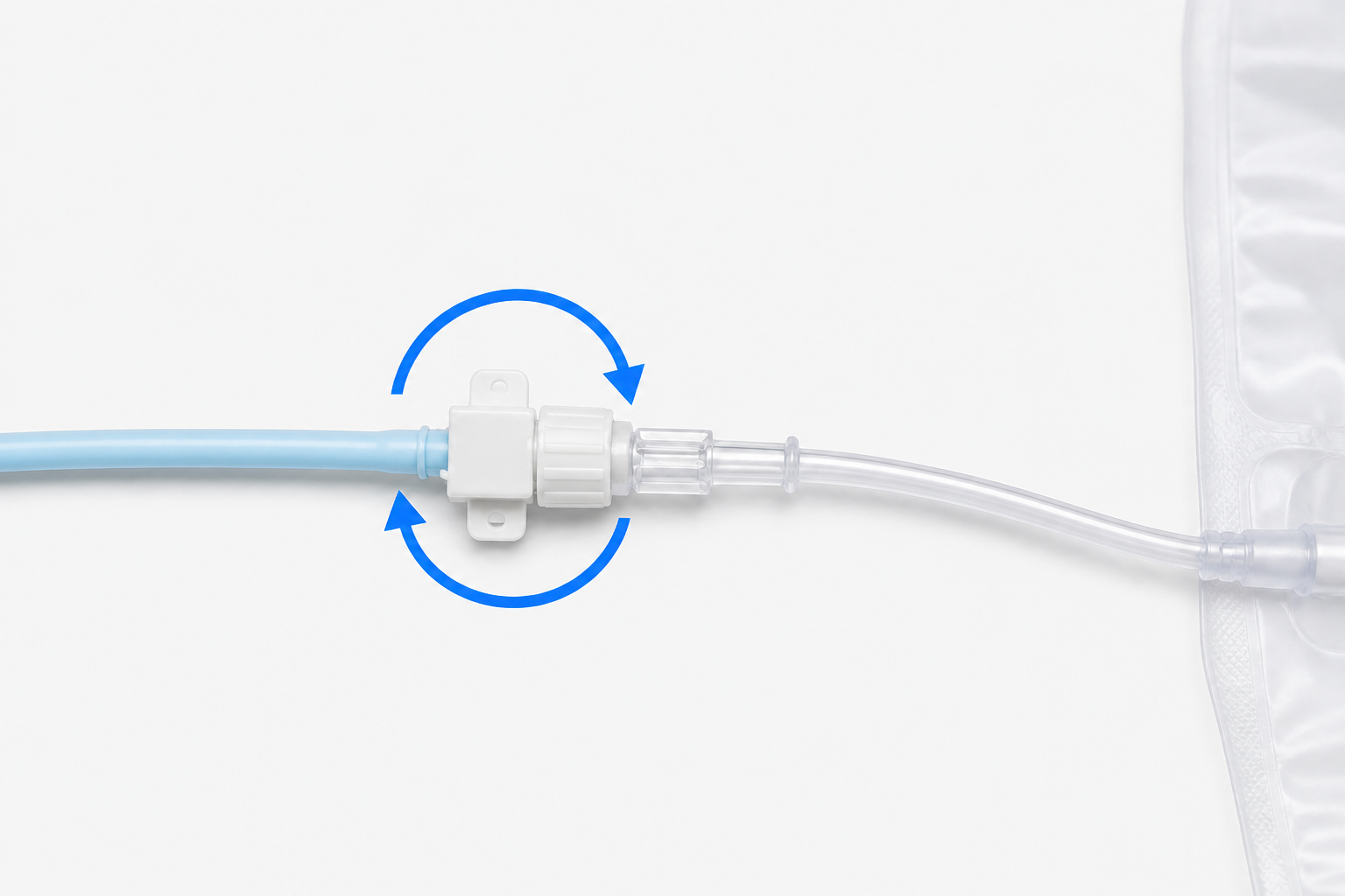 Hub proximal blanco del tubo de nefrostomía (conector de plástico con aletitas junto al tubo azul claro); gire aquí para desenroscar. White proximal hub of the nephrostomy tube (winged plastic hub on the catheter, next to the light-blue tube); twist here to unscrew.