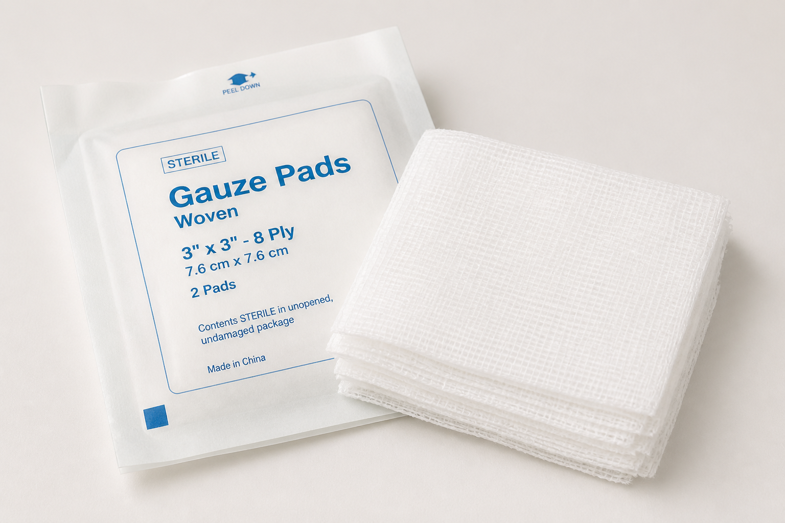 Gasa estéril de 3×3 pulgadas. Sterile 3×3 inch gauze pads.