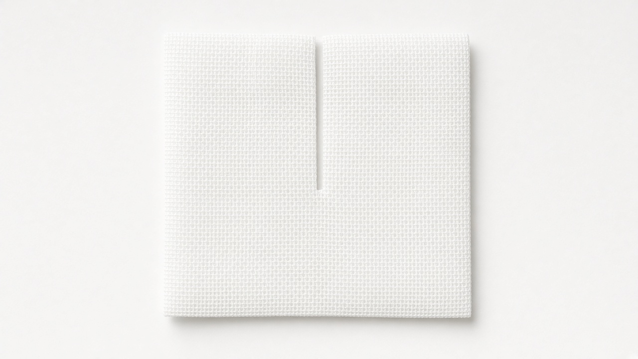 Gasa de 3×3 con ranura recta desde el medio de un borde hasta el centro. 3×3 gauze with a straight slit from the middle of one edge to the center.