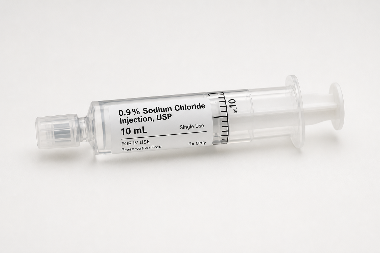 Jeringuilla de irrigación con suero salino estéril. Sterile saline flush syringe.
